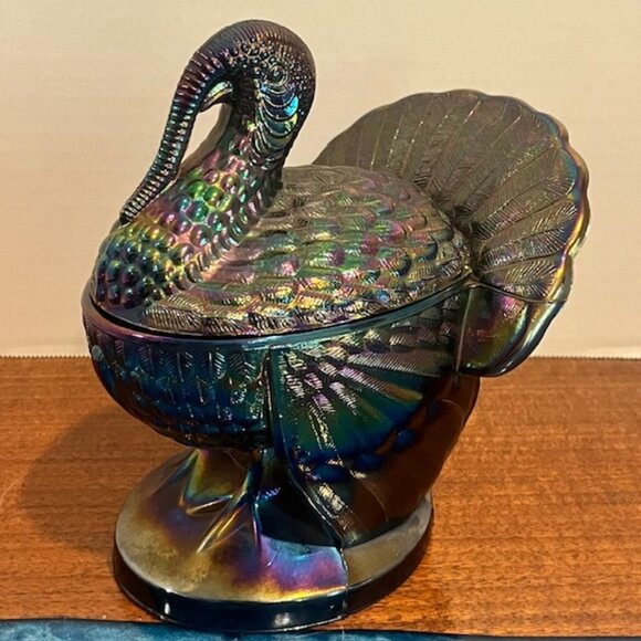 Vintage LE Smith Amethyst Carnival Glass Turkey Covered Candy Dish Jam Jar - Picture 1 of 13
